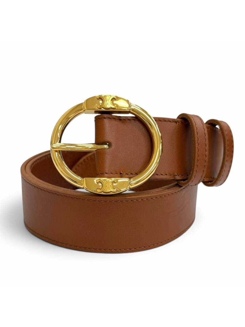 Celine Large Twin Triomphe Vintage Calfskin Leather Belt Brown 75